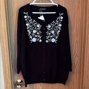 BloomChic Black Cardigan with White Floral Design